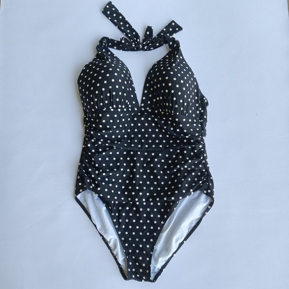Lauren Ralph Lauren One Piece Black White Polka Dot Halter Swimsuit Women‎ 14